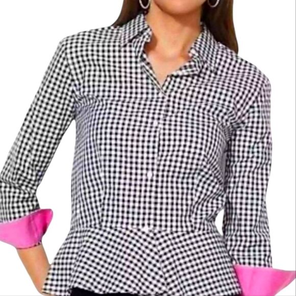 Ralph Lauren Top Black White Pink Gingham Checkered Button Down Peplum Cotton 10 - Picture 1 of 11